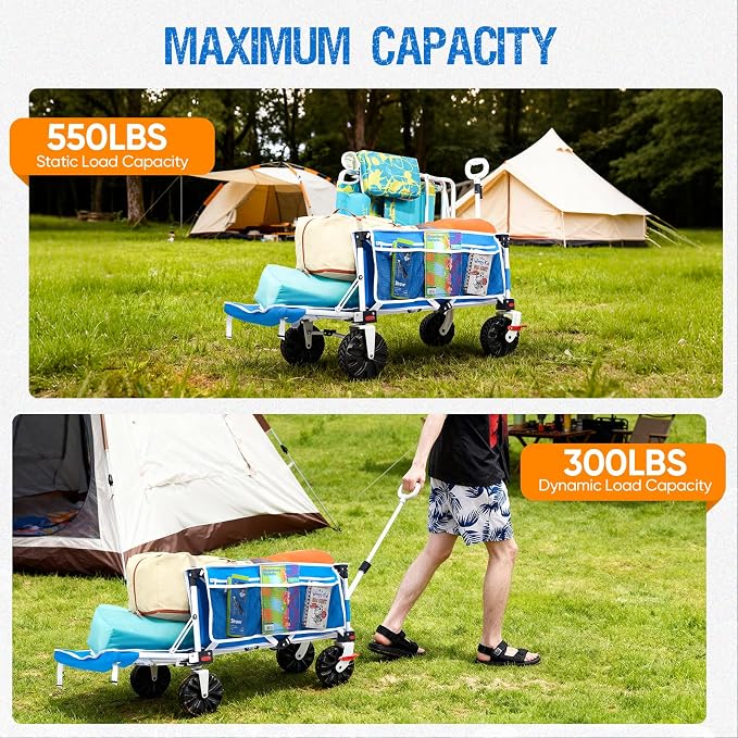 300lbs Extra Long 49" L Beach Wagon with Big Wheels with Brake for Sand, Collapsible Utility Beach Cart Heavy Duty Folding Wagon,Ideal for Outdoor Sand Camping Garden Pet