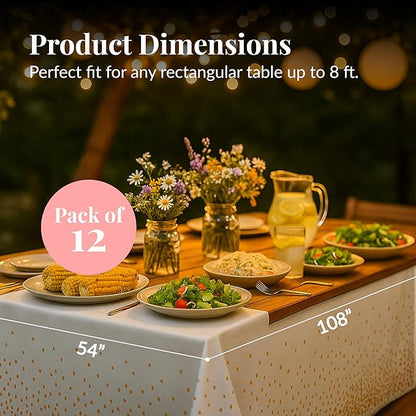 Prestee Rose Gold Plastic Rectangle Tablecloths Pack of 12-54" x 108" Disposable Table Cloths for Parties, Heavy-Duty Waterproof and Stain-Resistant Tablecloth for Thanksgiving, Weddings, Holidays