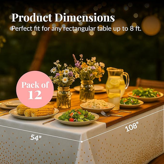Prestee Rose Gold Plastic Rectangle Tablecloths Pack of 12-54" x 108" Disposable Table Cloths for Parties, Heavy-Duty Waterproof and Stain-Resistant Tablecloth for Thanksgiving, Weddings, Holidays