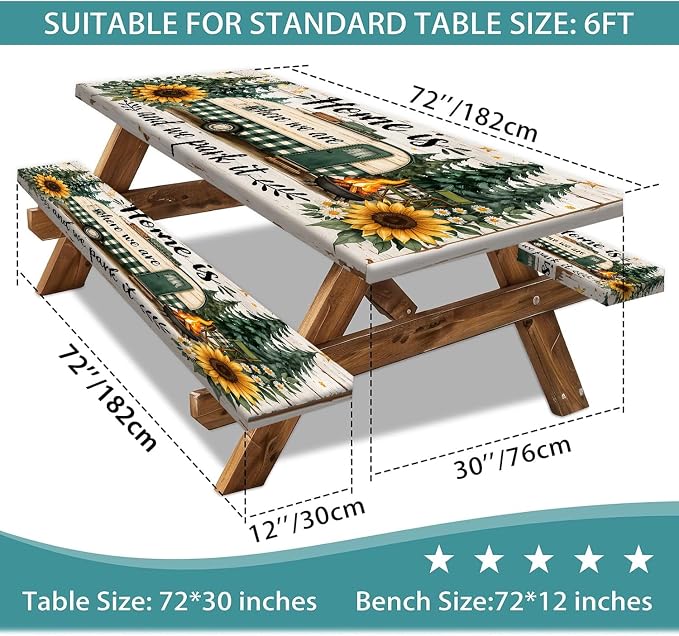 Picnic Table Cover with Bench Covers Camping Essentials Green Checkered RV Forest Sunflower Wooden Outdoor Table Covers with Elastic Waterproof Camping Tablecloth for Indoor & Outdoor 3 PCS 30x72 Inch