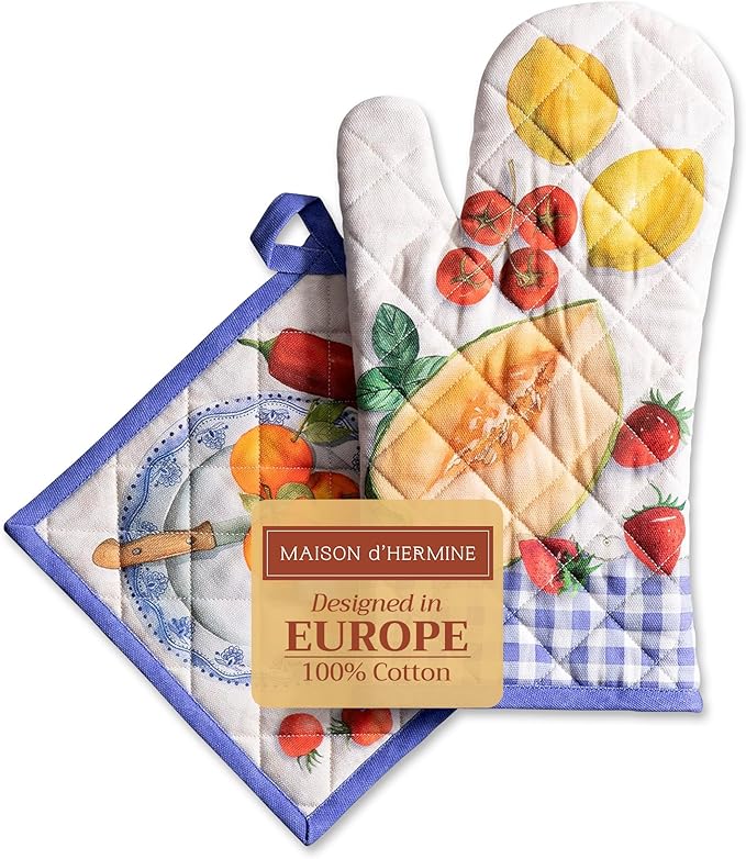 Maison d' Hermine 100% Cotton Oven Mitt & Pot Holder Set (7.5"x13" & 8"x8") Heat Resistant BBQ Cooking Gloves with Loop Baking Grilling Kitchen Hotel Home Farmhouse Spring Summer (Gourmand)