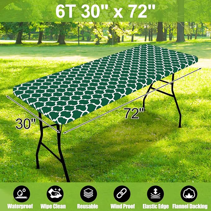Smiry Picnic Fitted Table Cover, 6 Foot Flannel Backed Vinyl Tablecloth | Waterproof Elastic Stretch Table Cloth, Wipeable Plastic Tablecloth for Camping, Indoor & Outdoor (Emerald Green, 30" x 72")