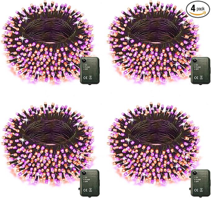 Halloween String Lights Battery Powered, 4 Pack Total 66.6 FT 200 LED Orange and Purple Halloween Lights Indoor Outdoor Decoration, Twinkle Fairy Light for Home Party Room Party Tree Decor