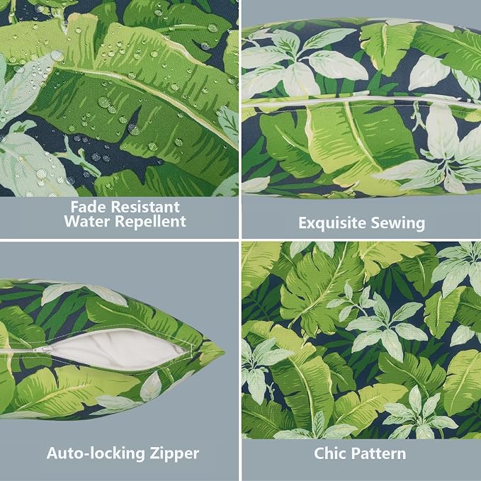 LVTXIII 2 Pack Outdoor Throw Pillow Covers for Patio Furniture, 16x16 Inch Square Pillow Case, Water-Repellent Cushion Covers for Garden, Porch, Sofa, Jungle Leaves
