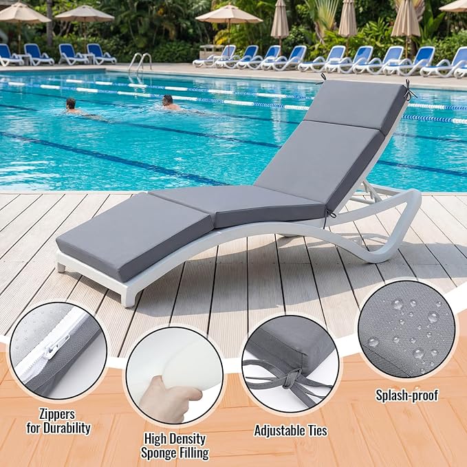 Patelai 2 Set Outdoor Chaise Lounge Cushions with Chair Covers, 70 x 21 x 3 Inch Waterproof Sun and Fade Resistant Thick Replacement Lounge Chair Cushions for Patio Poolside (Gray)