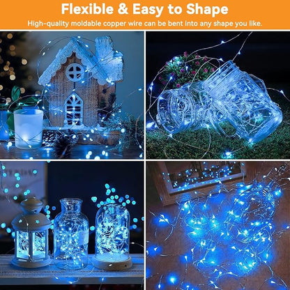 Solar String Lights Outdoor Waterproof 33ft 100LED 8 Modes Twinkle Lights Solar Fairy Lights for Patio, Garden Yard Party Wedding Tree Christmas Halloween Decoration, Blue