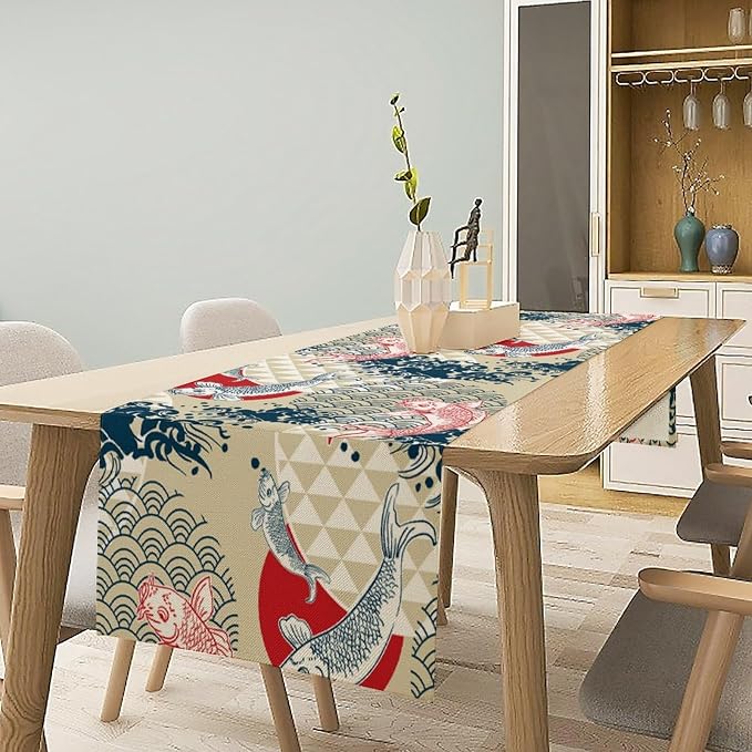 Koi Fish Table Runner Asian Chinese Japanese Wave Red Sun Seasonal Summer Holiday Dinner Runner for Farmhouse Kitchen Dinner Table Party Decoration 13x90in