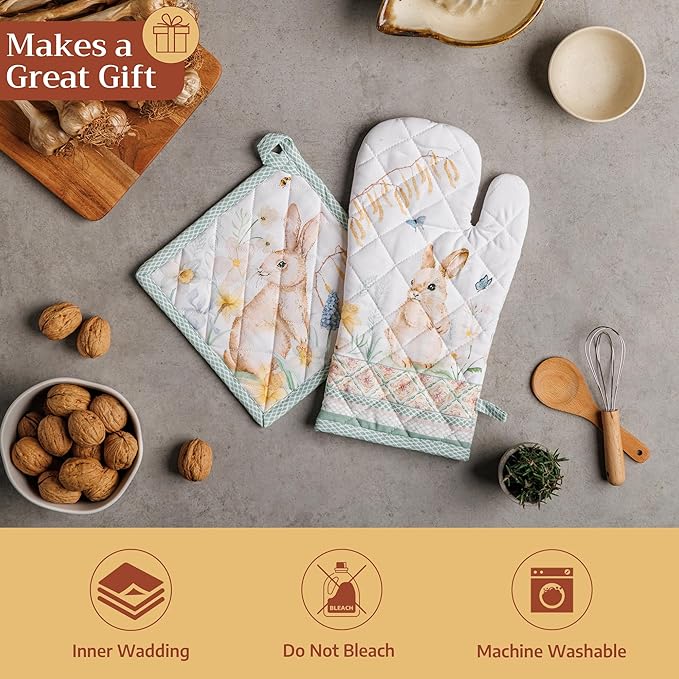 Maison d' Hermine 100% Cotton Oven Mitt & Pot Holder Set (7.5"x13" & 8"x8") Heat Resistant BBQ Cooking Gloves with Loop Baking Grilling Kitchen Hotel Home Farmhouse Spring Summer (Easter Dew)