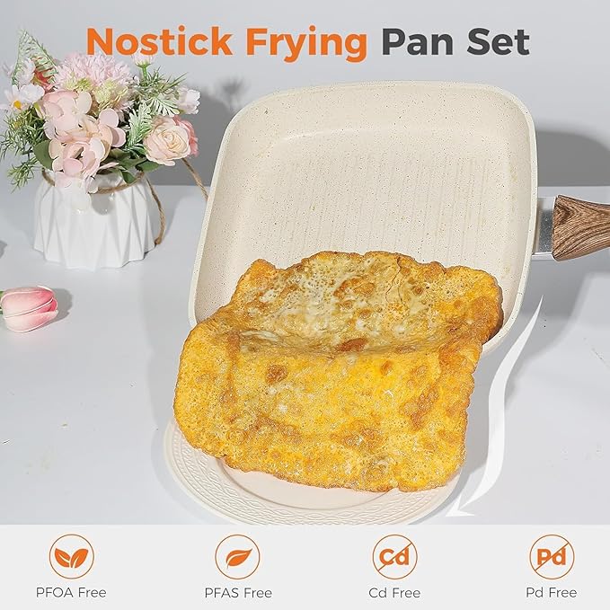 3-Piece Nonstick Grill Pan Set, Square Griddle Pans with Wooden Handle, Compatible with All Stovetops, Ideal for Steak, BBQ & Vegetables, 9.5", 10.2", 11", White