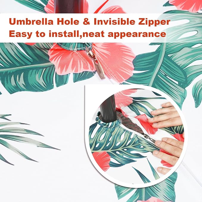 SquarePie Round Outdoor Talecloth with Umbrella Hole and Zipper 60 Inch, Water Resistant SpillProof Patio Table Cloth Cover for Spring Summer Camping Garden Poolside Picnic BBQS,Palm Leaf Red Flower