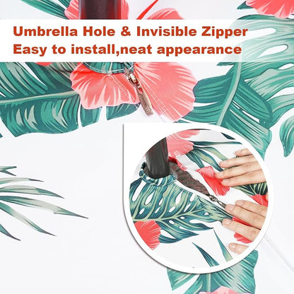 SquarePie Round Outdoor Talecloth with Umbrella Hole and Zipper 60 Inch, Water Resistant SpillProof Patio Table Cloth Cover for Spring Summer Camping Garden Poolside Picnic BBQS,Palm Leaf Red Flower