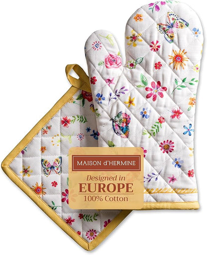 Maison d' Hermine 100% Cotton Oven Mitt & Pot Holder Set (7.5"x13" & 8"x8") Heat Resistant BBQ Cooking Gloves with Loop Baking Grilling Kitchen Home Farmhouse Spring Summer (Happy Florals - Sweety)