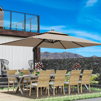 10x13FT Beige Brown Cantilever Outdoor Patio Umbrella with Base, Large Rectangular Offset Design, Double Top Heavy Duty Aluminum Frame & 360° Rotation for Pool Garden Deck Backyard