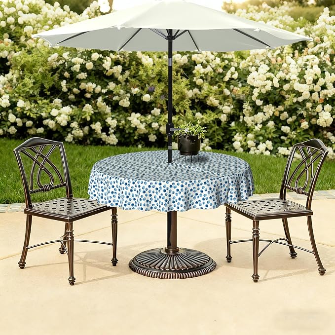 LVTXIII Round Outdoor Tablecloth with Umbrella Hole and Zipper, Water-Repellent 60 Inch Patio Table Cover for Bistro, Garden, Patio & Picnic, Brush Blue