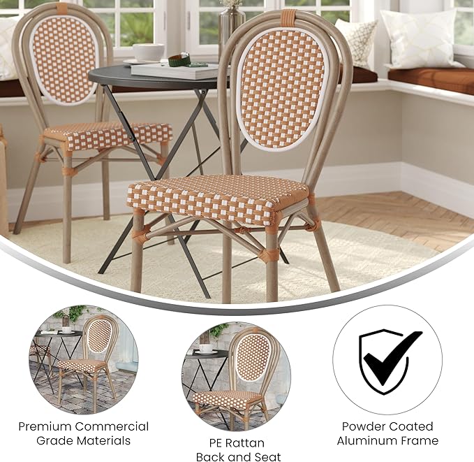 Flash Furniture Lourdes Indoor/Outdoor Commercial Thonet Bistro Stack Chair - Natural/White PE Rattan Back and Seat - Light Natural Bamboo Print Metal Frame