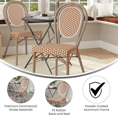 Flash Furniture Lourdes Indoor/Outdoor Commercial Thonet Bistro Stack Chair - Natural/White PE Rattan Back and Seat - Light Natural Bamboo Print Metal Frame