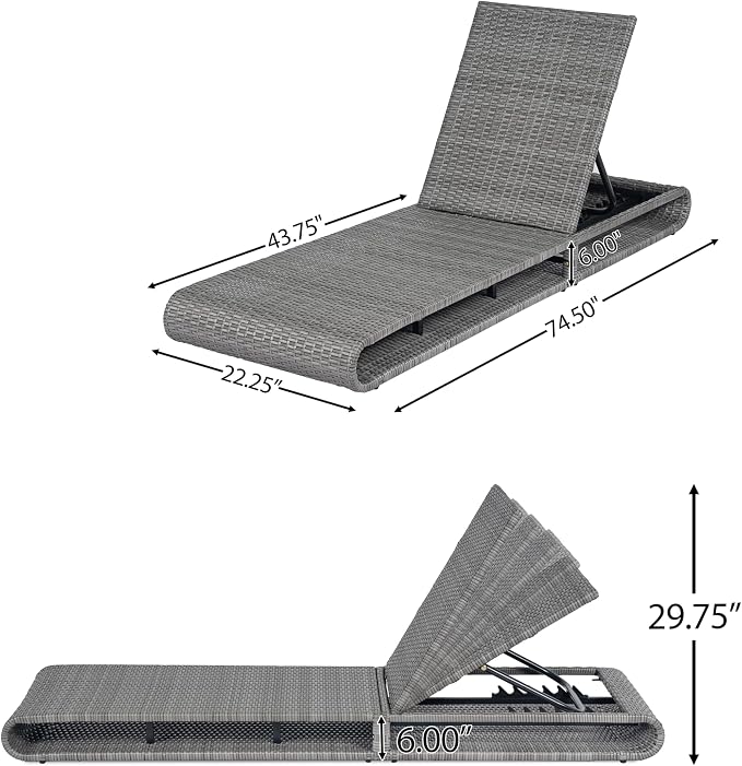 Christopher Knight Home Edsel Wicker Chaise Lounge Chair Outdoor, PE Faux Rattan Patio Outdoor Chaise Lounge with Iron Frame, Adjustable Backrest Single Lounge Sofa, Poolside Seating, Grey