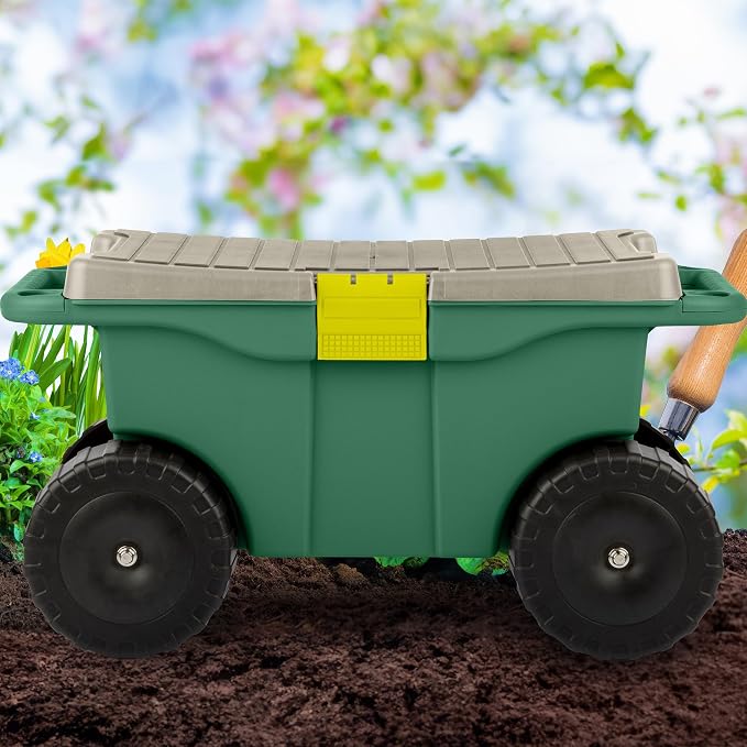 Rolling Garden Cart with Seat - Plastic Storage with Bench and Interior Tool Tray - Gardening Stool for Weeding and Planting By Pure Garden (Green) | Plastic Storage with Bench and Interior Tool Tray - Gardening Stool for Weeding and Planting