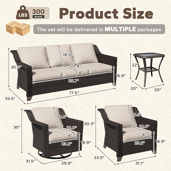 6 Piece Patio Furniture Set, Wicker Outdoor Conversation Set | Patio Chair Set with Olefin Removable Cushion, All-Weather Outdoor Couch with Deep Seat for Porch, Deck and Backyard, Beige