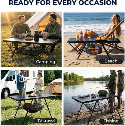 Overmont Folding Aluminum Camping Table - 47.2'' x 23.6'' with Carry Handle | 2 Height up to 27.5" with Storage Net, Lightweight Waterproof Portable for Outdoor Travel Backyard BBQ Picnic Patio Tailgate