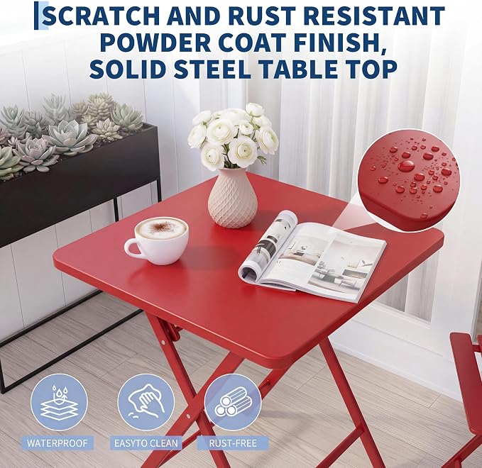 Garvee 3PCS Bistro Set, Folding Patio Furniture Set w/ 2 Chairs,Solid Steel | Foldable space-saving bistro set, fully pre-assembled for instant use. Powder-coated weatherproof steel frame. Easy-clean