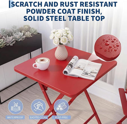 Garvee 3PCS Bistro Set, Folding Patio Furniture Set w/ 2 Chairs,Solid Steel | Foldable space-saving bistro set, fully pre-assembled for instant use. Powder-coated weatherproof steel frame. Easy-clean