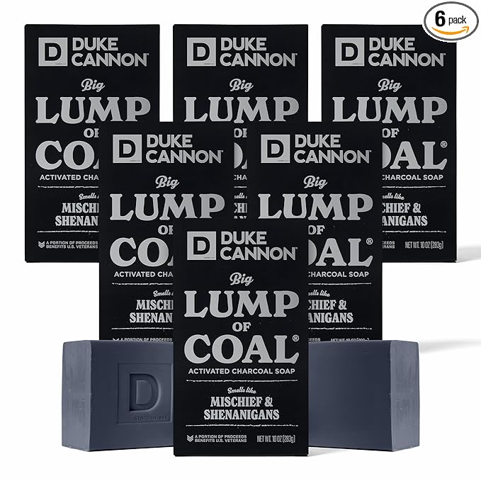 Duke Cannon Lump of Coal Holiday Soap – Charcoal, Bergamot & Black Pepper – 10oz XL, Paraben-Free, Triple-Milled, Hydrating, American-Made Men's Gift 6 Pack