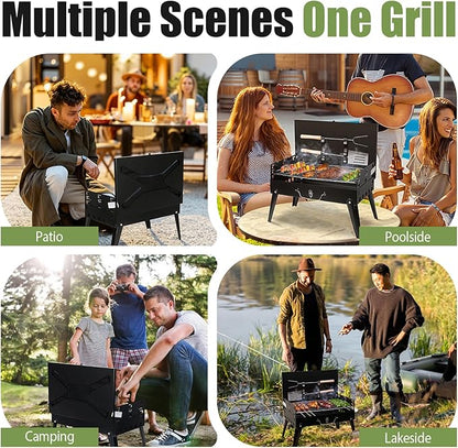 Portable Charcoal Grill, Small Foldable BBQ Suitcase Grill with Storage Shelf, Barbecue Grill for Outdoor Camping Picnics Garden Backyard Patio Parties, 16.7"×10"×17.7"