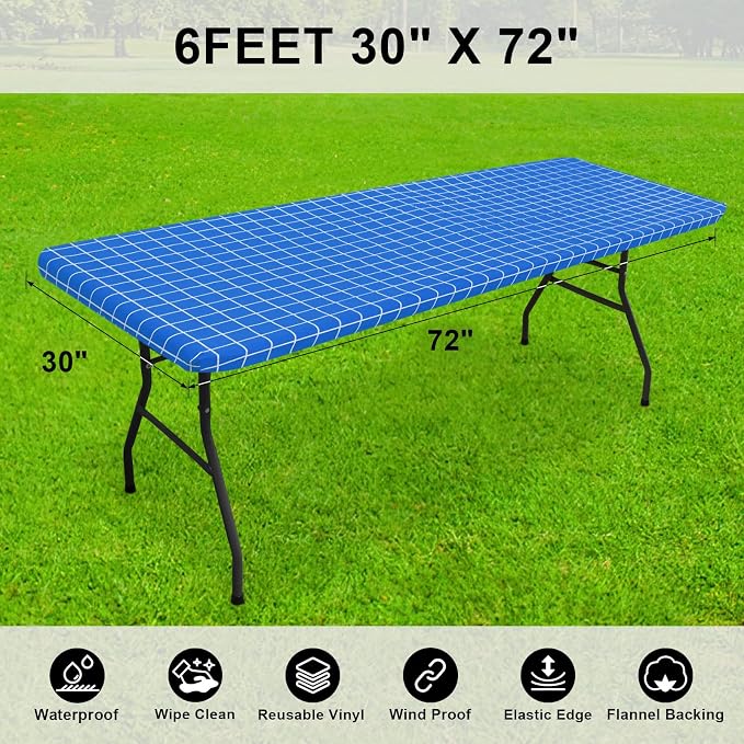 Smiry Rectangle Picnic Table Cloth, Elastic Waterproof Fitted Vinyl Tablecloths, Flannel Backed Buffalo Plaid Table Covers for Dining, Camping, Outdoor (Blue, 30" x 72")