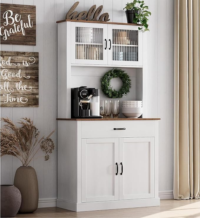 GarveeHome Kitchen Pantry Cabinet, 71 in Tall Kitchen Hutch Storage Pantry with Microwave Stand, Freestanding Buffet with Shelves and Glass Doors for Home Dining Room, White