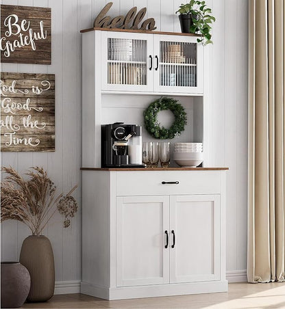 GarveeHome Kitchen Pantry Cabinet, 71 in Tall Kitchen Hutch Storage Pantry with Microwave Stand, Freestanding Buffet with Shelves and Glass Doors for Home Dining Room, White