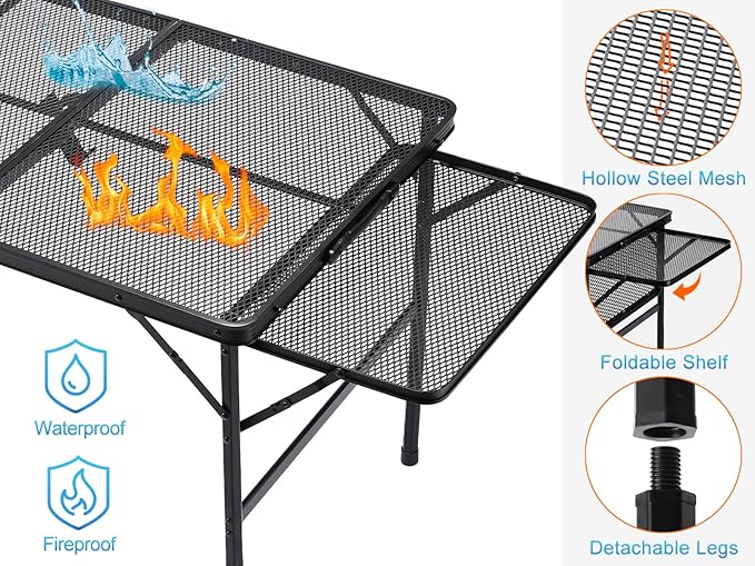 Large Folding Camping Table - Metal Mesh Grill Table with 2 Wing Panels | 2 Adjustable Heights | Large Picnic & Outdoor Table | Expandable Shelves, Lightweight (4.4 FT, Black)
