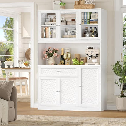 BOTLOG 72” Tall Kitchen Pantry Storage Cabinet with Painted Strip Door | Modern White Kitchen Hutch with Large Storage Drawer, Countertop, Adjustable Shelves for Dining Room, Living Room