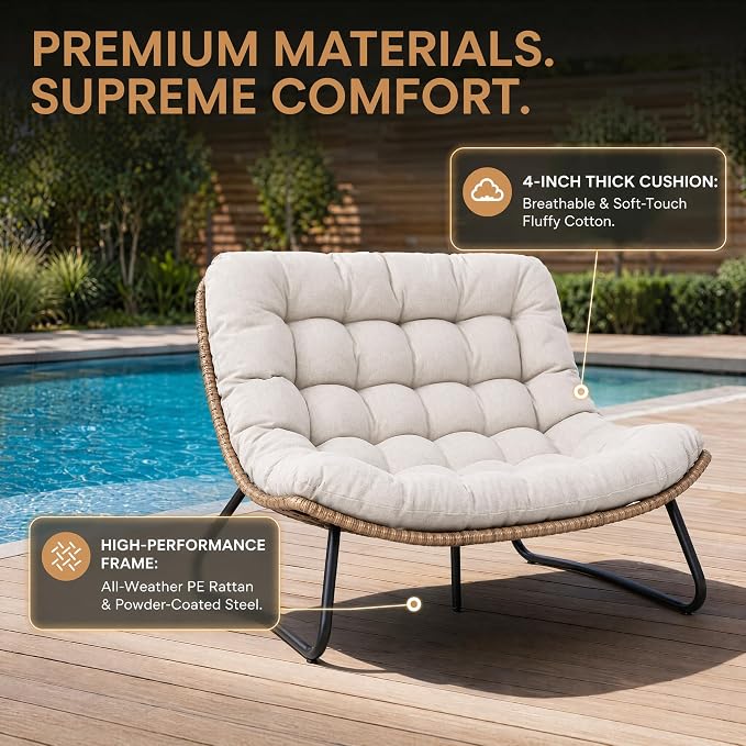 Outdoor Loveseat 2-Seat Wicker Rattan Boho Patio Sofa Beige 2PC | 53"x36"x30", 13" seat height. 4" thick cushions, 1000lb cap. All-weather PE rattan, rust-proof frame. Beige, 2PC.