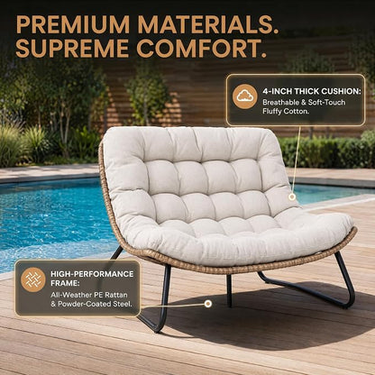 Outdoor Loveseat 2-Seat Wicker Rattan Boho Patio Sofa Beige 1PC | 53"x36"x30", 13" seat height. 4" thick cushions, 1000lb cap. All-weather PE rattan, rust-proof frame. Beige, 1PC.