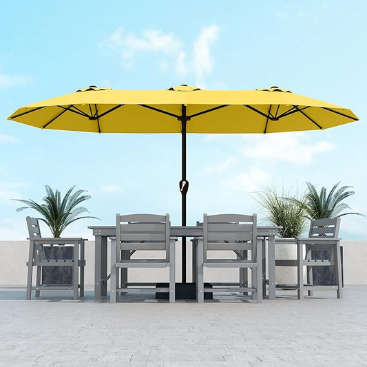 Kingdura 15ft Large Patio Umbrella with Base Included, Double-Sided Rectangle Outdoor Table Umbrella with 12 Reinforced Ribs, Crank Lift for Market Pool Deck Backyard, Yellow