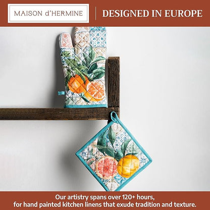 Maison d' Hermine 100% Cotton Oven Mitt & Pot Holder Set (7.5"x13" & 8"x8") Heat Resistant BBQ Cooking Gloves with Loop Baking Grilling Kitchen Hotel Home Farmhouse Spring Summer (Agrume)