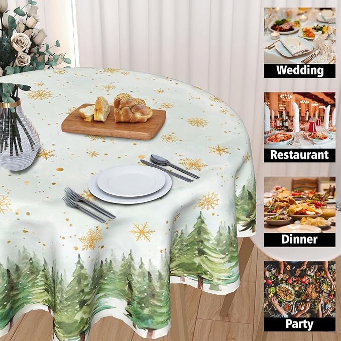 Sweetshow Winter Gold Snowflake Table Cloth Round Green Christmas Tree Tablecloth 60 Inch Winter Decor Washable Stain and Wrinkle Resistant Round Table Cover for Dining Party Picnic