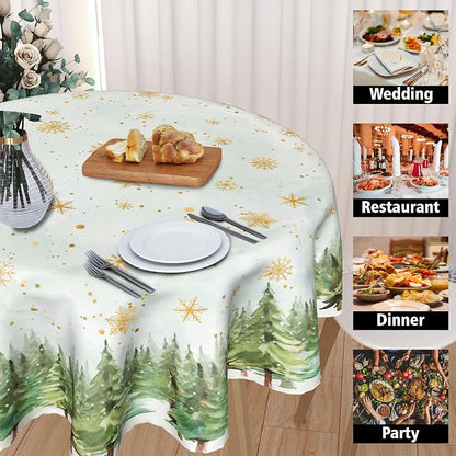 Sweetshow Winter Gold Snowflake Table Cloth Round Green Christmas Tree Tablecloth 60 Inch Winter Decor Washable Stain and Wrinkle Resistant Round Table Cover for Dining Party Picnic