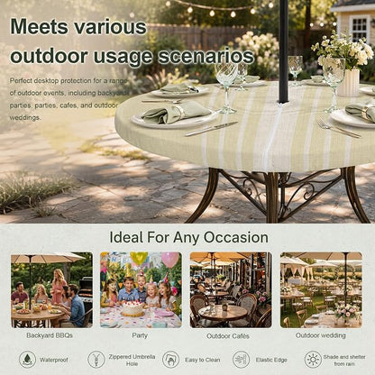 Outdoor Fitted Tablecloth with Umbrella Hole and Zipper, Vintage Yellow Beige Striped Elastic Round Patio Table Cover, Farmhouse Retro Lines Modern Table Protector for Backyard BBQ Party 45''-54''