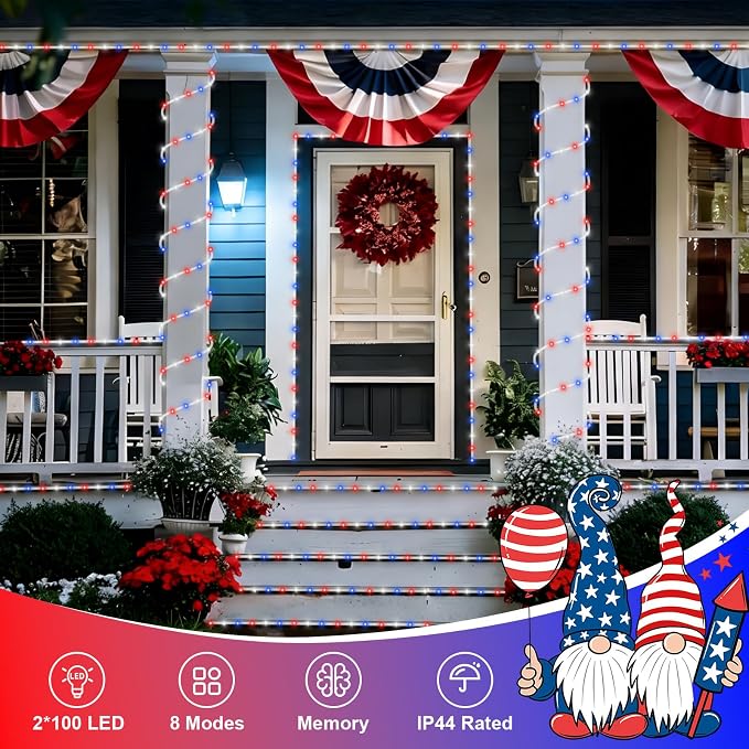 QITONG Red White Blue Solar Rope Lights, 2 Pack Each 33ft 100 LED Patriotic String Lights Outdoor, 8 Modes Fairy Lights in Clear Thin Tube for Independence Memorial Day Decor