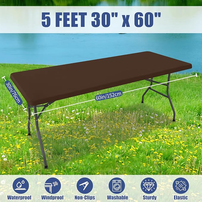 Moosfor 2 Pack Rectangle Spandex Fitted Table Cloth, 5FT Elastic Tablecloth | Washable Picnic Table Cover, Stretch Waterproof Table cloths for Party, Patio, Dining, Kitchen, 30" x 60", Coffee