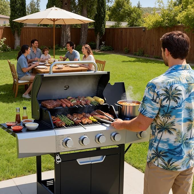 EUHOME Upgraded 51,000 BTU Stainless Steel Burner Barbecue Grill, 4 Burner BBQ Propane Gas Grill with Side Burner, 452 sq. in Cooking Area with Porcelain for Patio, Camping, Outdoor Cooking