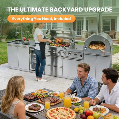 125" Outdoor Kitchen Island,Stainless Steel Propane BBQ Grill with with Standalone Side Burner Pizza Oven, Rotisserie, Refrigerator, Granite Countertop, Storage Cabinets Drawers 108000 BTU.