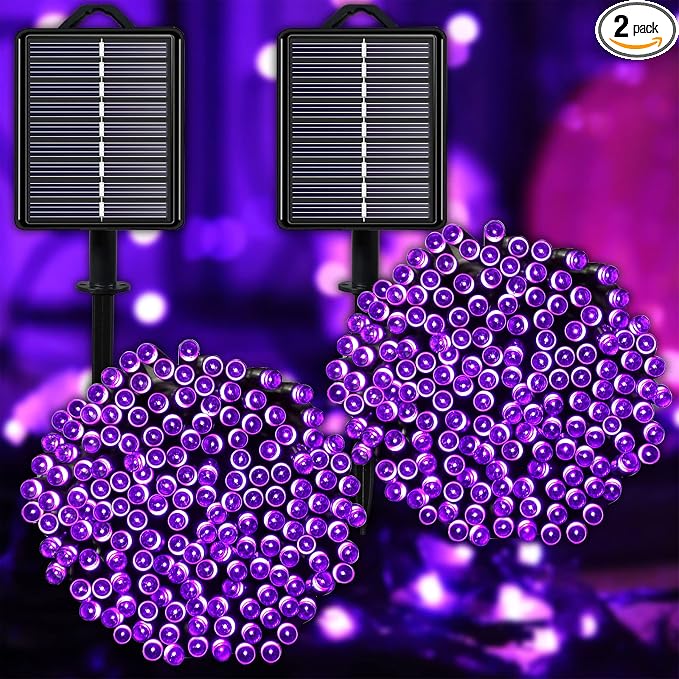 Solar Halloween String Lights, Purple 200Led, Outdoor Waterproof | 2 Pack Total 400Led 144Ft 8 Mode Timer, IP44 Outside Fairy Lights for Tree, Garden, Patio, Lawn, Yard Decorations
