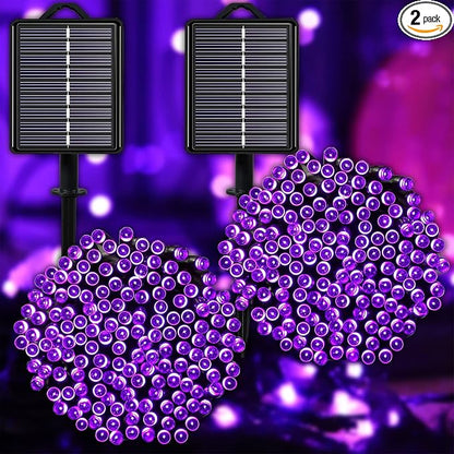 Solar Halloween String Lights, Purple 200Led, Outdoor Waterproof | 2 Pack Total 400Led 144Ft 8 Mode Timer, IP44 Outside Fairy Lights for Tree, Garden, Patio, Lawn, Yard Decorations