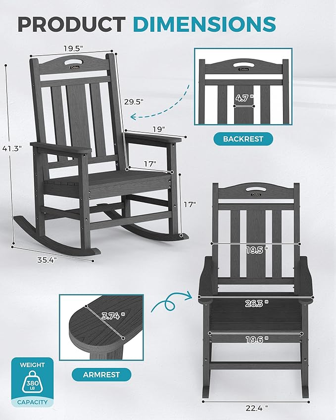 Ciokea Oversized Outdoor Rocking Chairs Set of 6, 380lbs Heavy-Duty Large Patio Rocker, High Back Cozy Porch Chairs, Weather Resistant Patio Rocking Chairs for Outside, Fire Pit, Deck, Dark Grey