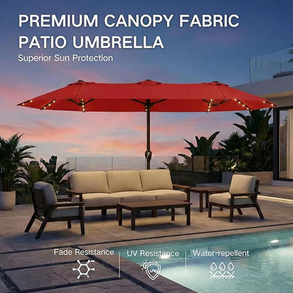 Kingdura 15ft Large Patio Umbrella with Solar Lights, Double-Sided Rectangle Lighted Outdoor Table Umbrella with Base Included, 12 Reinforced Ribs, 48 Led Lights, Crank Lift for Market Pool Deck Backyard, Red