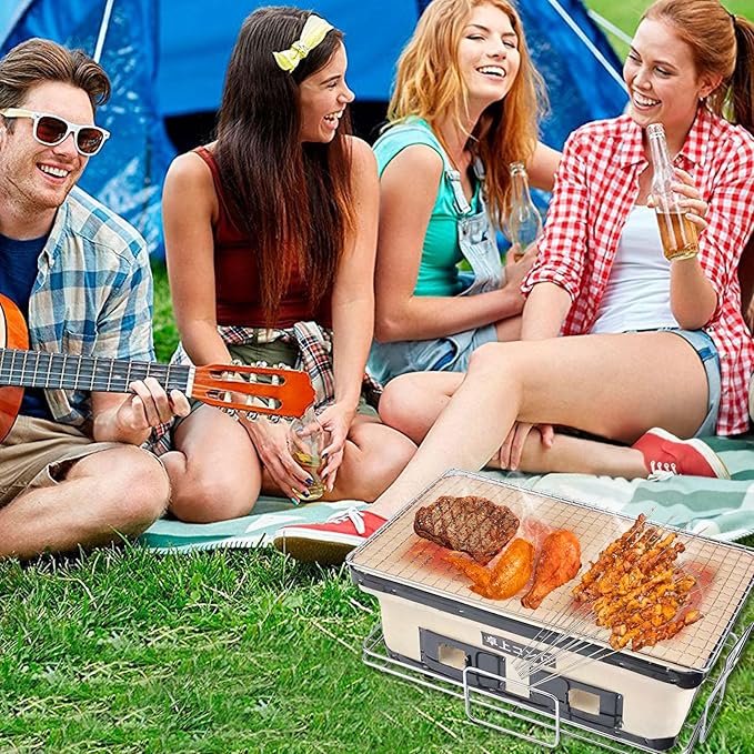 BBQ Charcoal Grill, Japanese Ceramic Clay BBQ Hibachi Grill Portable Yakitori Stove with Food Tongs for Camping, Outdoor, Indoor, Beige