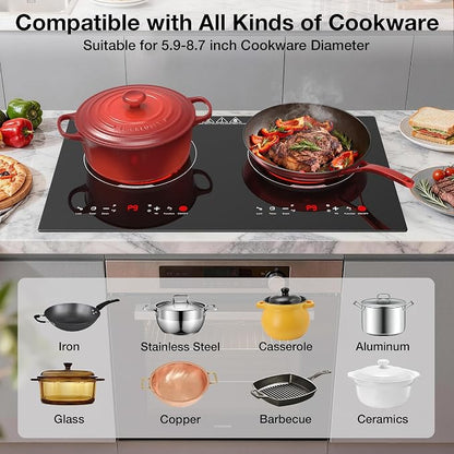 WABK 2 Burner Electric Cooktop 110V, 24 Inch Built-in & Countertop Ceramic Stove Top, 3000W Infrared Hot Plate for RV Apartment, Compatible with All Cookware, Child Lock & Timer